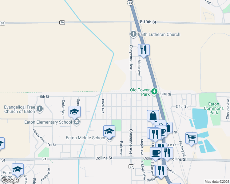 map of restaurants, bars, coffee shops, grocery stores, and more near 515 5th Street in Eaton