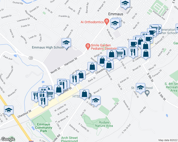 map of restaurants, bars, coffee shops, grocery stores, and more near 818 Walnut Street in Emmaus