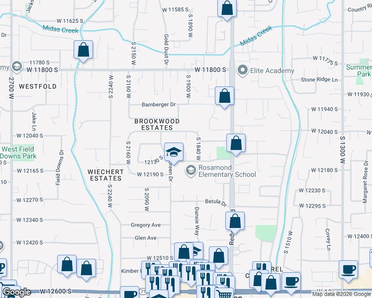 map of restaurants, bars, coffee shops, grocery stores, and more near 12086 South 1900 West in Riverton