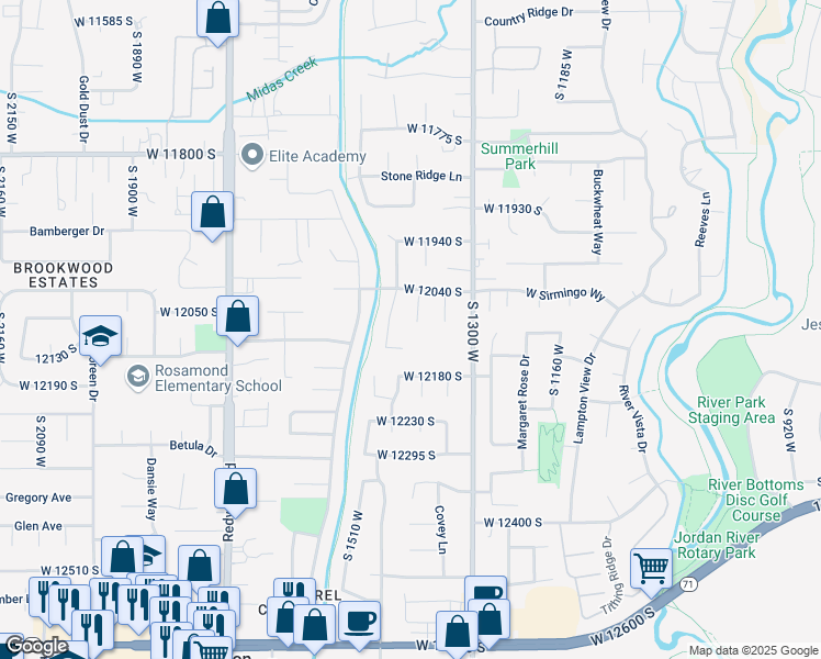 map of restaurants, bars, coffee shops, grocery stores, and more near 12102 South 1390 West in Riverton