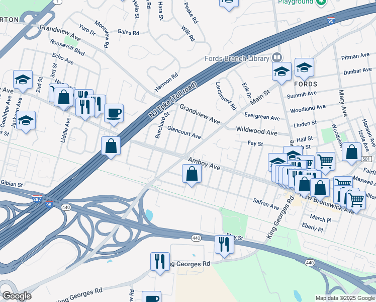 map of restaurants, bars, coffee shops, grocery stores, and more near 4011 Woodbridge Avenue in Edison