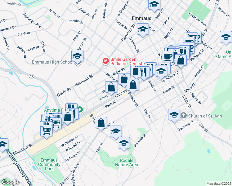 map of restaurants, bars, coffee shops, grocery stores, and more near 741-743 Chestnut Street in Emmaus