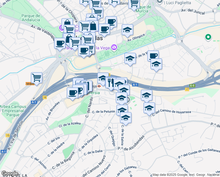 map of restaurants, bars, coffee shops, grocery stores, and more near 24 Avenida de Bruselas in Alcobendas