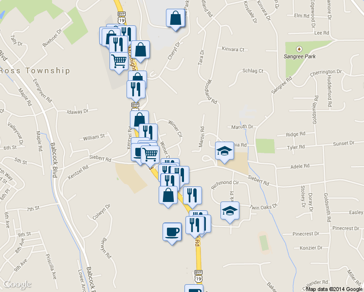 map of restaurants, bars, coffee shops, grocery stores, and more near 506 Wimer Circle in Pittsburgh