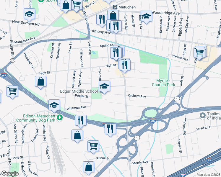 map of restaurants, bars, coffee shops, grocery stores, and more near 45 Brunswick Avenue in Metuchen