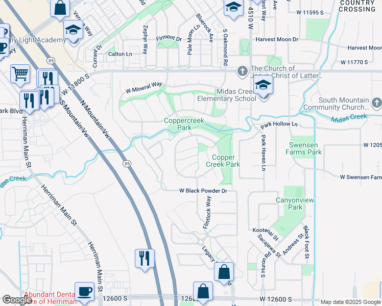 map of restaurants, bars, coffee shops, grocery stores, and more near 4727 Gold Miners Place in Herriman