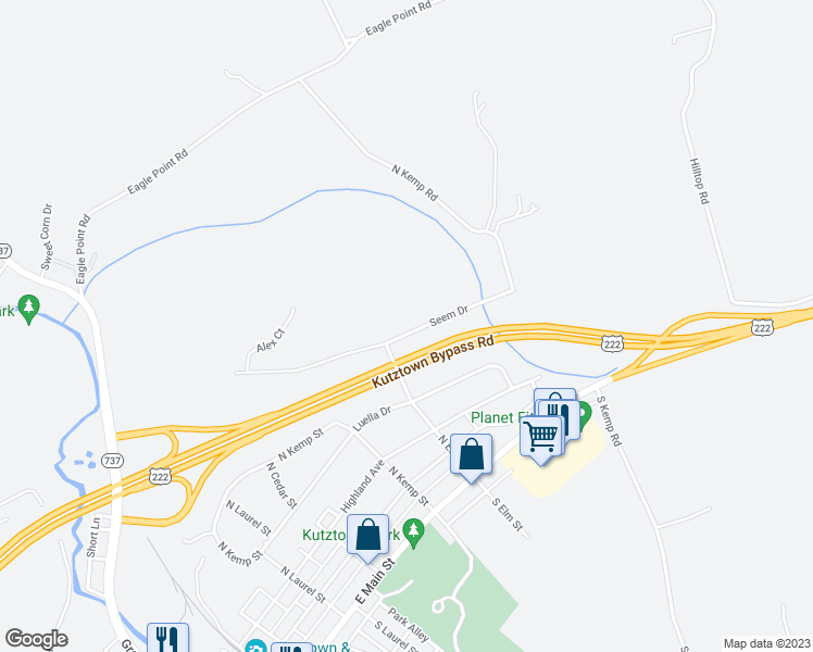 map of restaurants, bars, coffee shops, grocery stores, and more near 717 Seem Drive in Kutztown