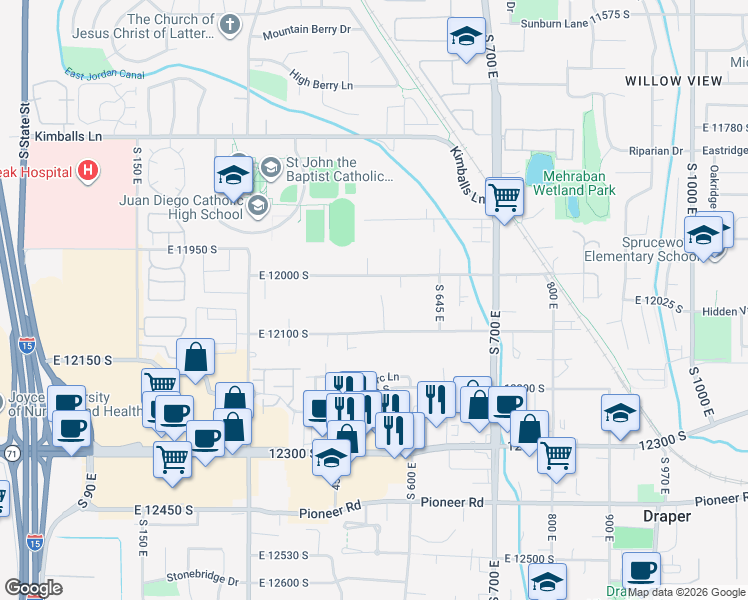 map of restaurants, bars, coffee shops, grocery stores, and more near 12038 South 540 East in Draper