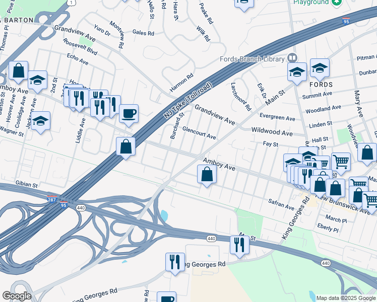 map of restaurants, bars, coffee shops, grocery stores, and more near 806 Amboy Avenue in Edison
