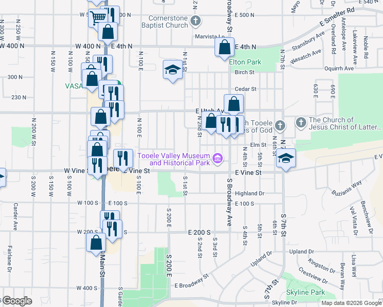 map of restaurants, bars, coffee shops, grocery stores, and more near 106 North 1st Street in Tooele