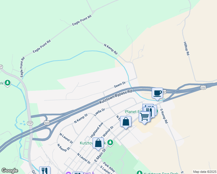 map of restaurants, bars, coffee shops, grocery stores, and more near 717 Seem Drive in Kutztown