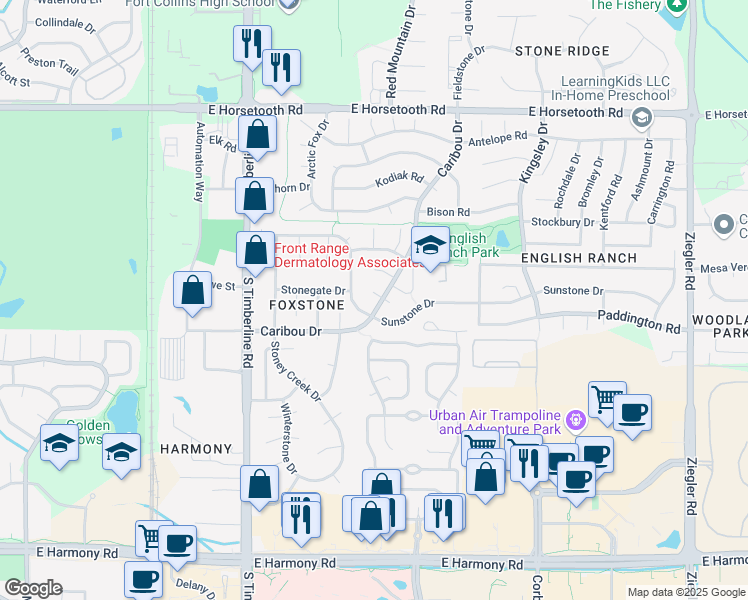 map of restaurants, bars, coffee shops, grocery stores, and more near 2331 Sunray Court in Fort Collins