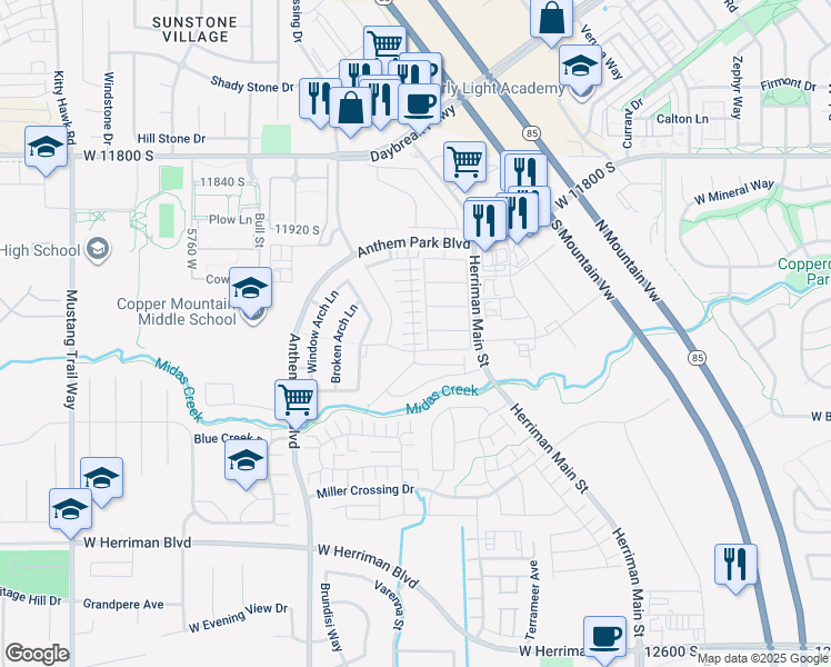 map of restaurants, bars, coffee shops, grocery stores, and more near Royal Arches Pl in Herriman