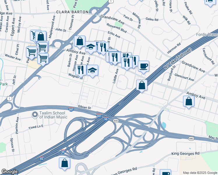 map of restaurants, bars, coffee shops, grocery stores, and more near 9 Liddle Avenue in Edison