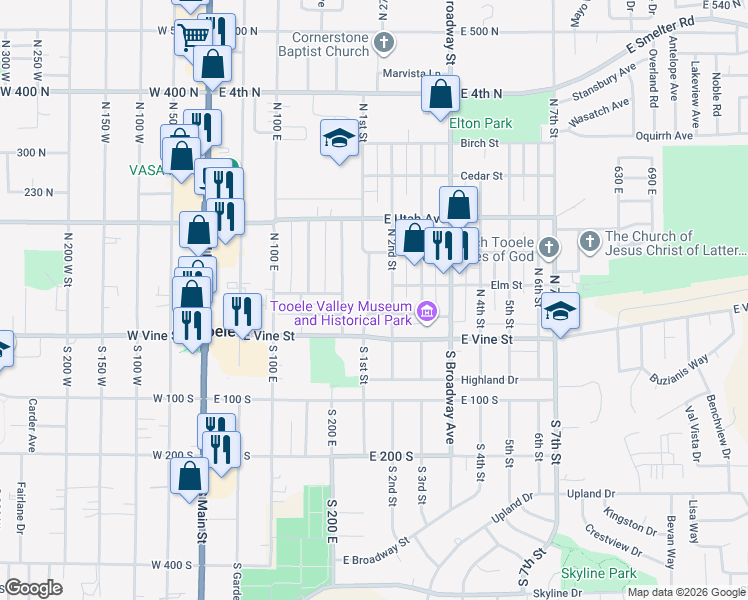 map of restaurants, bars, coffee shops, grocery stores, and more near 106 North 1st Street in Tooele