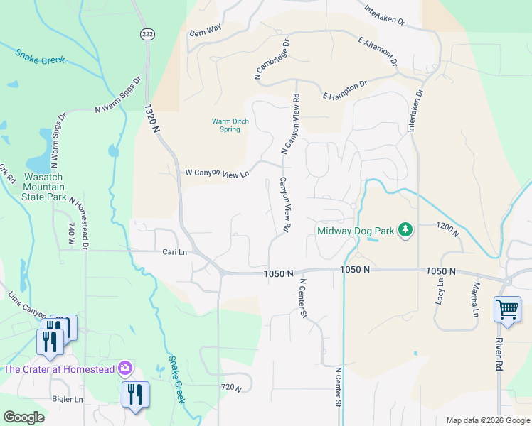 map of restaurants, bars, coffee shops, grocery stores, and more near 1221 Canyon View Road in Midway