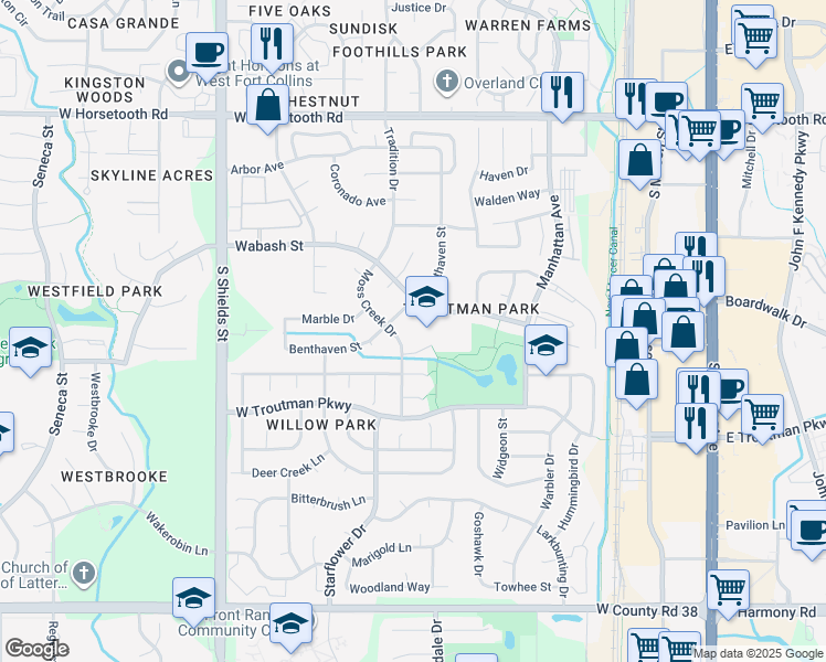 map of restaurants, bars, coffee shops, grocery stores, and more near 637 Wabash Street in Fort Collins
