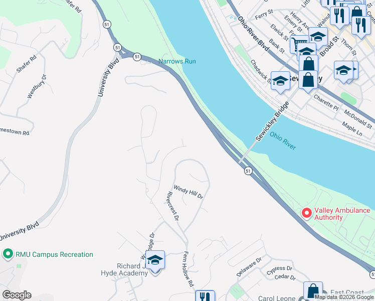 map of restaurants, bars, coffee shops, grocery stores, and more near 148 Rivercrest Drive in Carnot-Moon