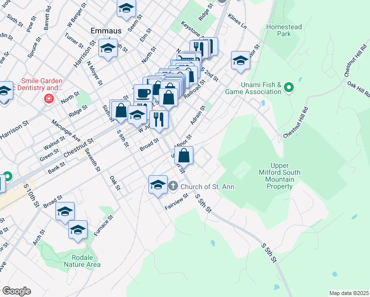 map of restaurants, bars, coffee shops, grocery stores, and more near South Fourth Street in Emmaus