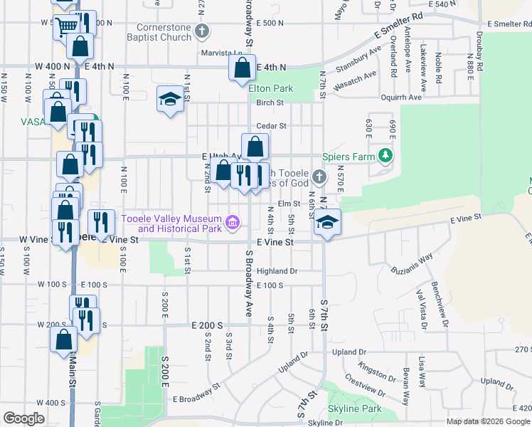 map of restaurants, bars, coffee shops, grocery stores, and more near 77 North 4th Street in Tooele