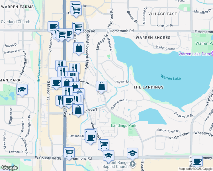 map of restaurants, bars, coffee shops, grocery stores, and more near 362 High Pointe Drive in Fort Collins
