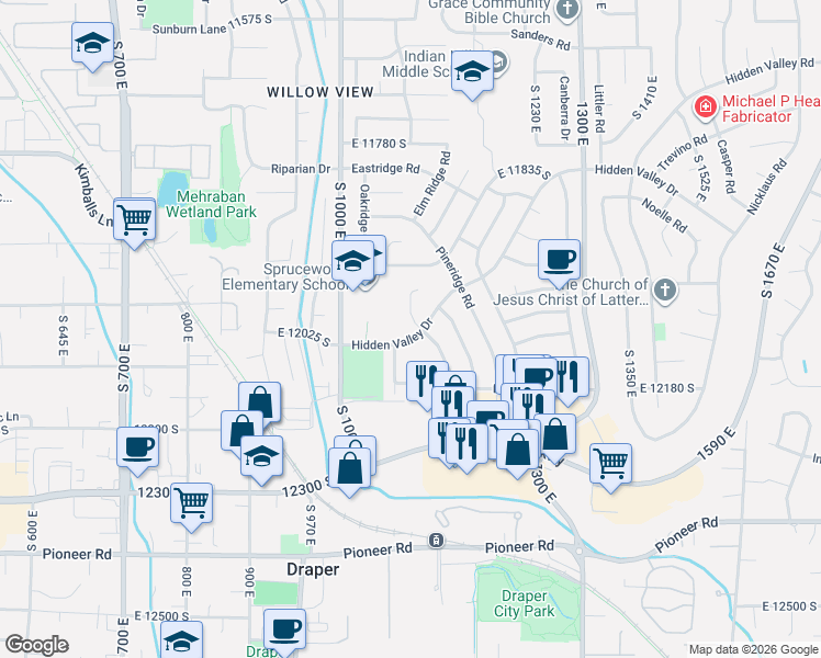 map of restaurants, bars, coffee shops, grocery stores, and more near 12098 Mill Ridge Road in Sandy