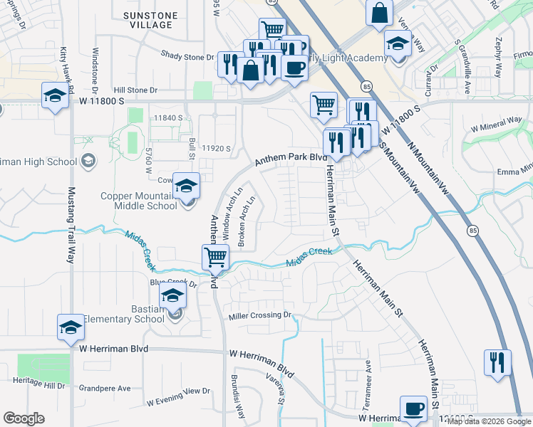 map of restaurants, bars, coffee shops, grocery stores, and more near 5466 Balanced Rock Lane in Herriman
