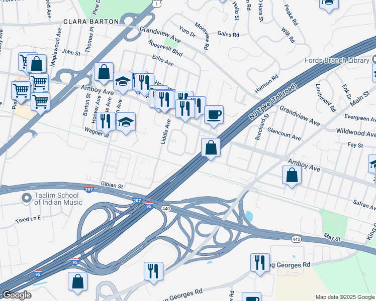 map of restaurants, bars, coffee shops, grocery stores, and more near 46 MacArthur Drive in Edison