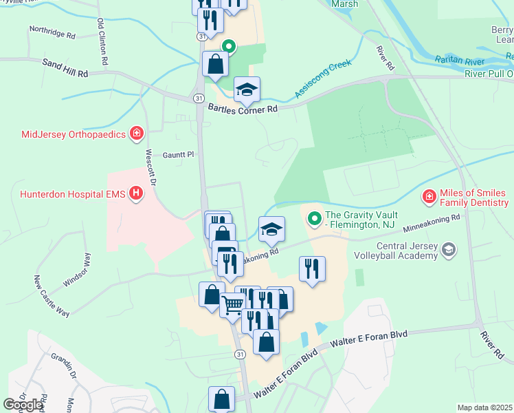 map of restaurants, bars, coffee shops, grocery stores, and more near 188 New Jersey 31 in Flemington