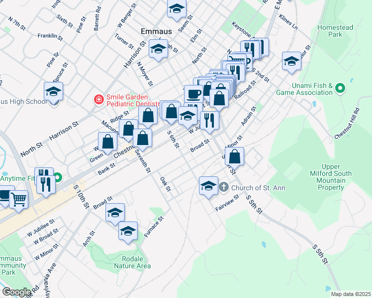 map of restaurants, bars, coffee shops, grocery stores, and more near 50 South 6th Street in Emmaus