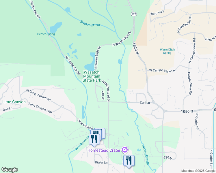 map of restaurants, bars, coffee shops, grocery stores, and more near 700 North Homestead Drive in Midway