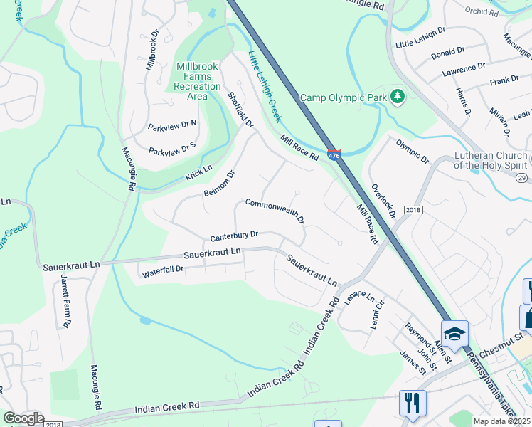 map of restaurants, bars, coffee shops, grocery stores, and more near 4350 Commonwealth Drive in Emmaus