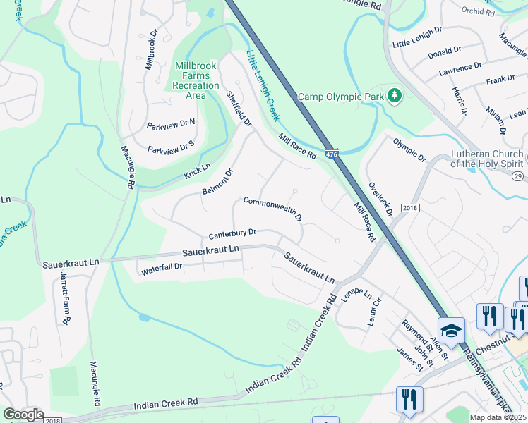 map of restaurants, bars, coffee shops, grocery stores, and more near 4350 Commonwealth Drive in Emmaus