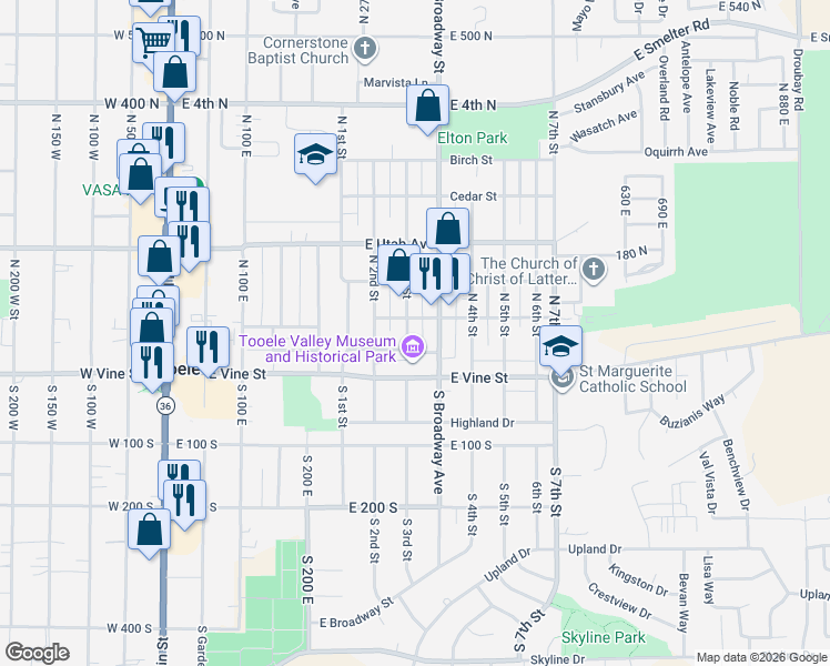map of restaurants, bars, coffee shops, grocery stores, and more near South 3rd Street in Tooele