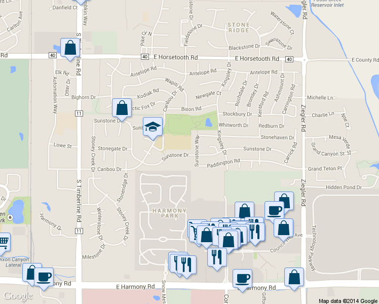 map of restaurants, bars, coffee shops, grocery stores, and more near 2548 Sunstone Drive in Fort Collins