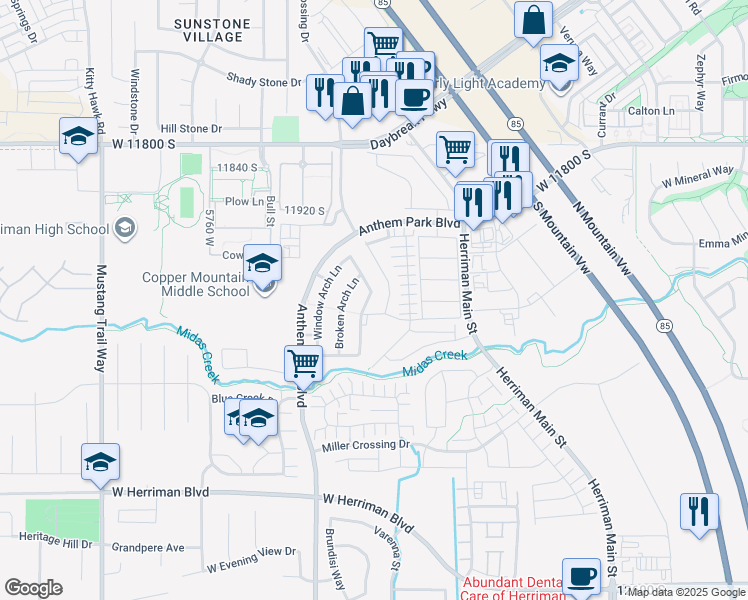 map of restaurants, bars, coffee shops, grocery stores, and more near 12073 South Tower Arch Lane in Herriman