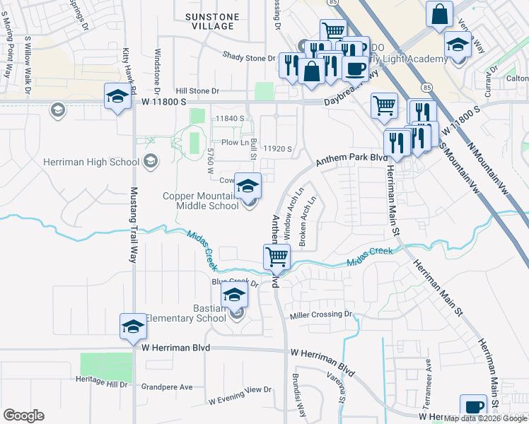 map of restaurants, bars, coffee shops, grocery stores, and more near 12106 Anthem Park Boulevard in Herriman