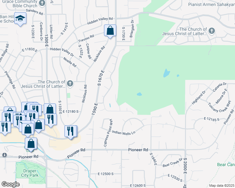 map of restaurants, bars, coffee shops, grocery stores, and more near 12076 Mountain Shadow Circle in Sandy