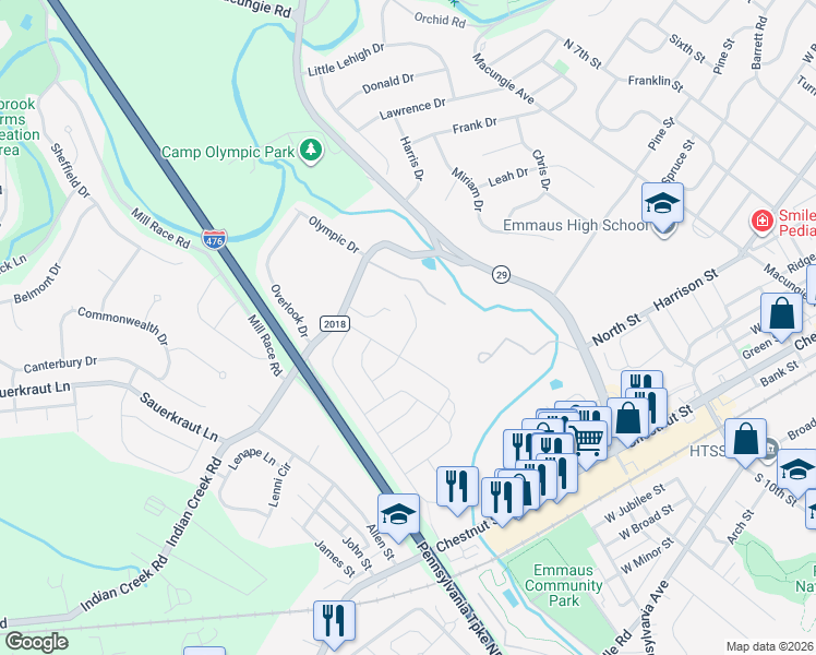 map of restaurants, bars, coffee shops, grocery stores, and more near 4200 Indian Creek Road in Emmaus