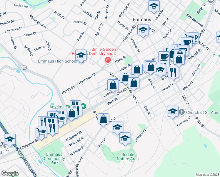 map of restaurants, bars, coffee shops, grocery stores, and more near 812 Walnut Street in Emmaus