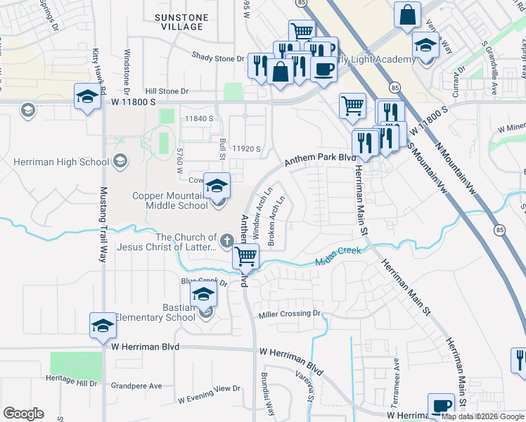 map of restaurants, bars, coffee shops, grocery stores, and more near 12102 Broken Arch Lane in Herriman
