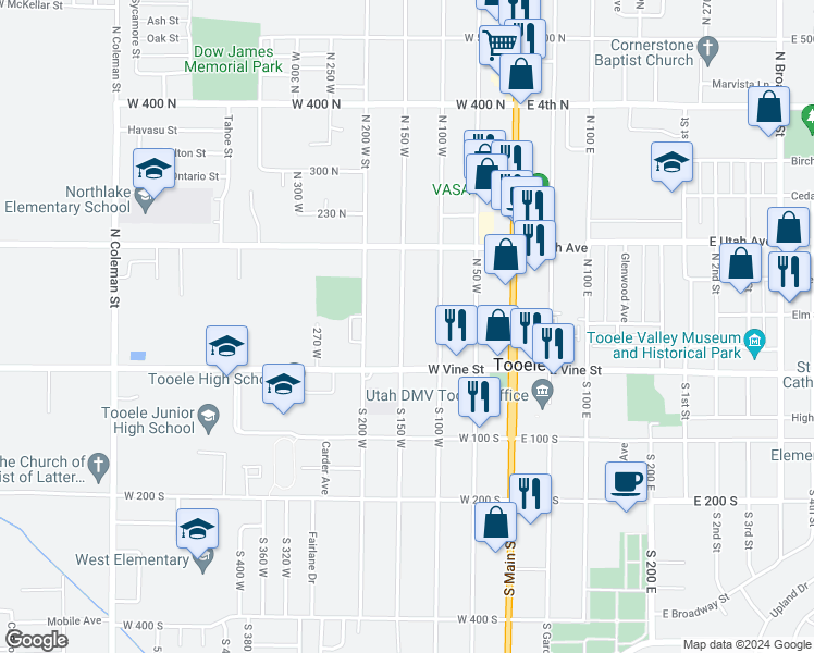 map of restaurants, bars, coffee shops, grocery stores, and more near 55 North 100 West in Tooele