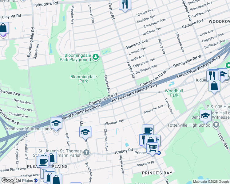 map of restaurants, bars, coffee shops, grocery stores, and more near 1884 Drumgoole Road West in Staten Island