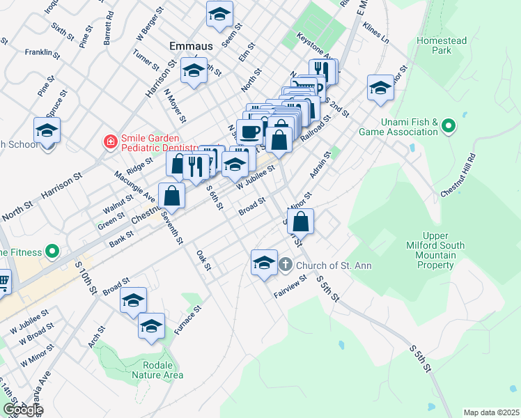 map of restaurants, bars, coffee shops, grocery stores, and more near 517 Minor Street in Emmaus