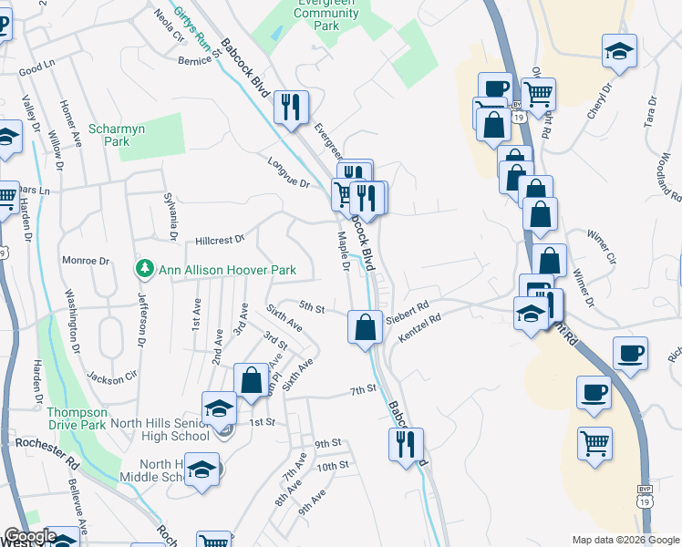 map of restaurants, bars, coffee shops, grocery stores, and more near 122 6th Street in West View