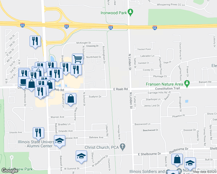 map of restaurants, bars, coffee shops, grocery stores, and more near 104 East Raab Road in Normal