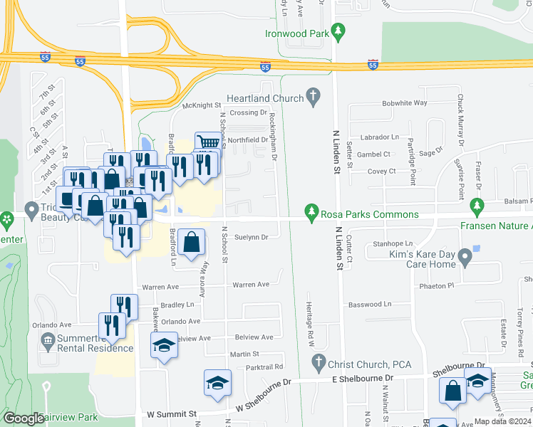 map of restaurants, bars, coffee shops, grocery stores, and more near 109 West Raab Road in Normal