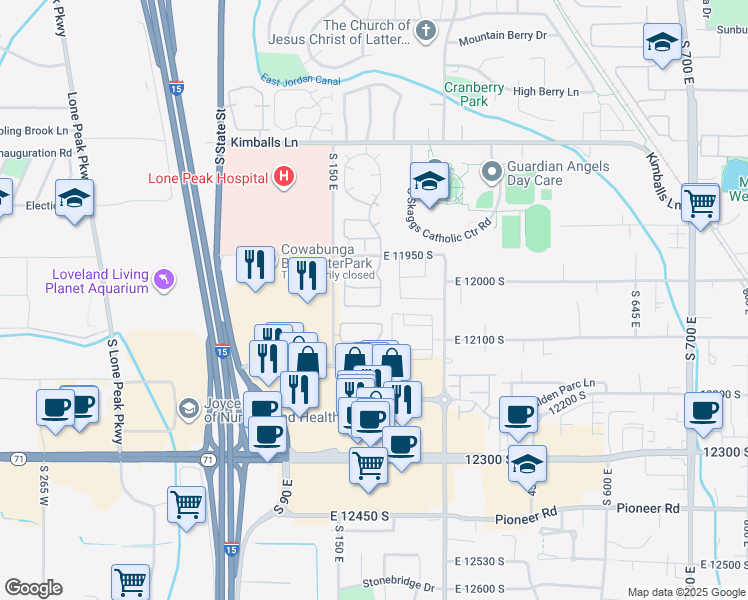 map of restaurants, bars, coffee shops, grocery stores, and more near 205 Rockey Park Lane in Draper