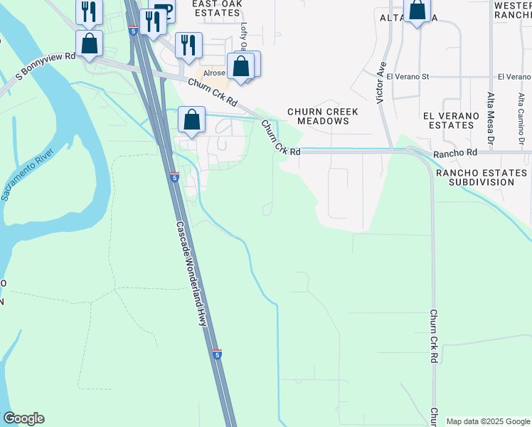 map of restaurants, bars, coffee shops, grocery stores, and more near 5521 Churn Creek Road in Redding