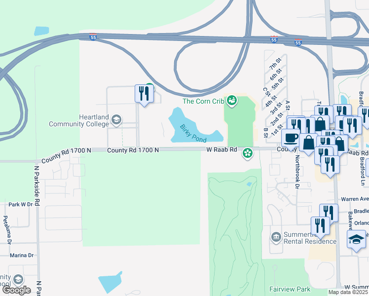 map of restaurants, bars, coffee shops, grocery stores, and more near 1500 West Raab Road in Normal